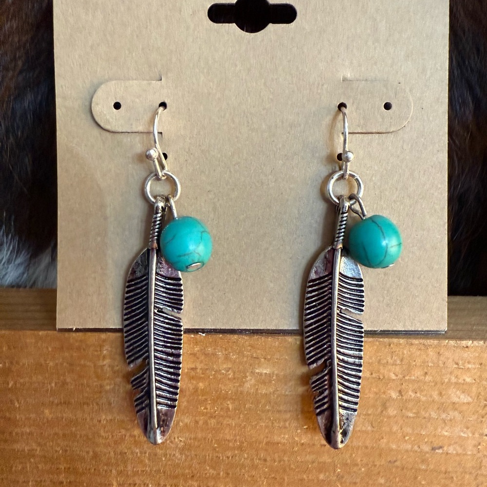 Silver Feather Earrings with Turquoise Beads